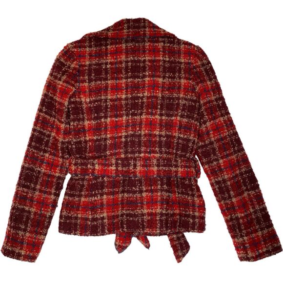 Boucle Jacket XS Tartan Red Belted Ruffled Academia Retro Feminine Anthropologie - Picture 2 of 8